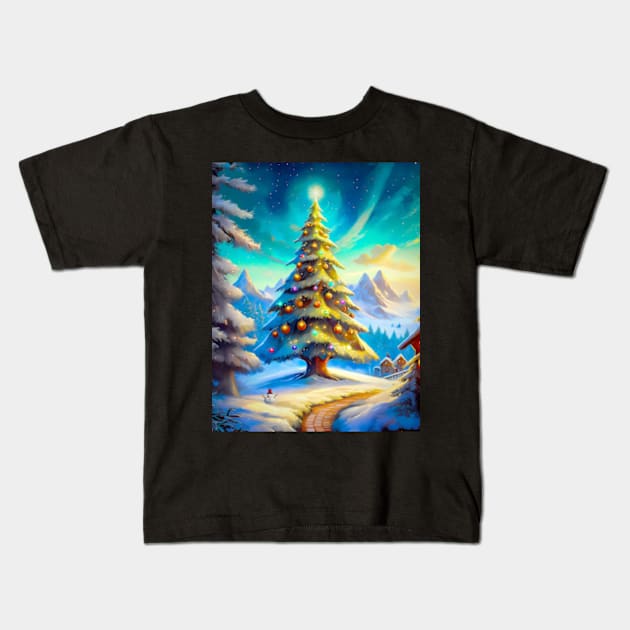 Christmas Tree Scene Kids T-Shirt by ArtFactoryAI